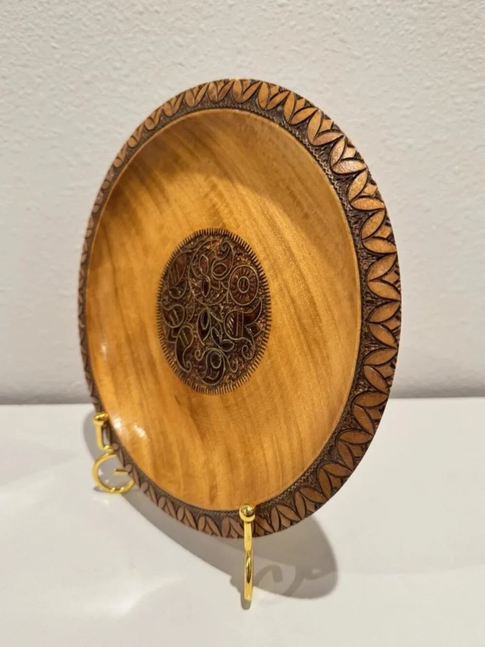 Vintage Hand Carved Wooden Decorative Plate Rustic Wall Hanging Folk Art Wood